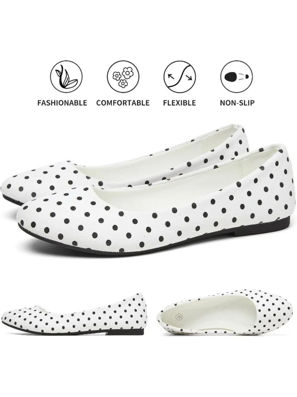 Women's White Dot PU Leather Closed Toe Comfortable Flexible Slip On Ballet Flat